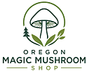 Oregon Magic Mushroom Shop logo featuring a mushroom inside a circle with pine branches and leaves